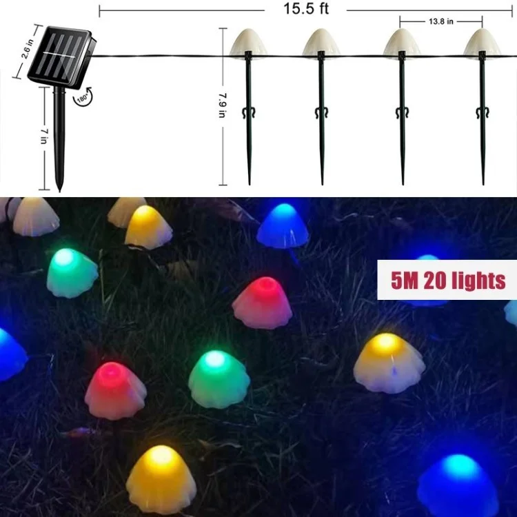 Outdoor Solar Garden Light LED Mushroom Fairy String Light Waterproof Pathway Solar Stake Mushroom Lamp - Colorful/5m 20-LED