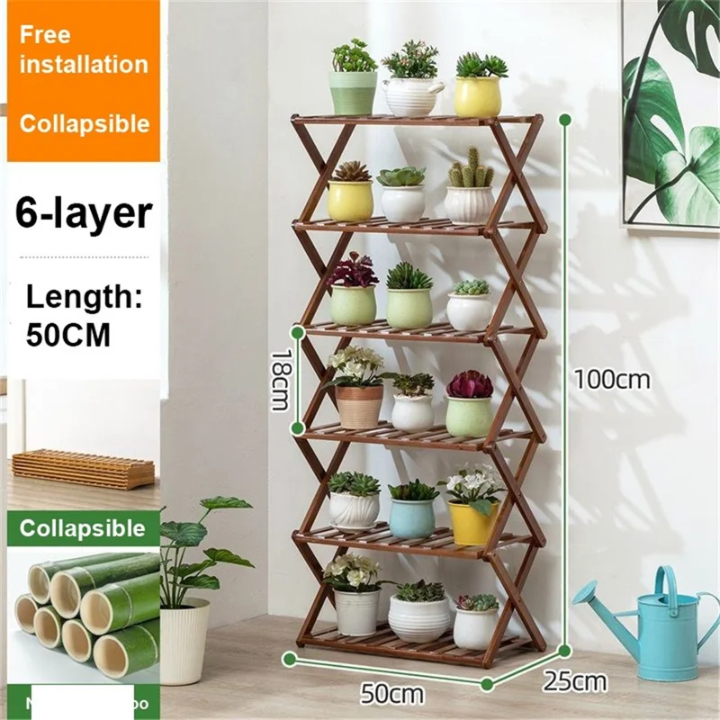 148MAZZWJ-22 Bamboo Plant Stand Multiple Flowerpot Holder Rack Planter Display Shelf - 6-Layer / Brown / 50cm Length