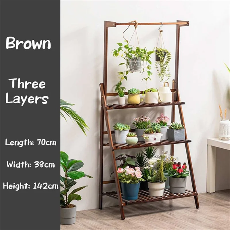 Bamboo Hanging Plant Stand Planter Flower Pot Organizer Rack Folding Display Shelving Plants Shelf - 3-Layer/70cm Length