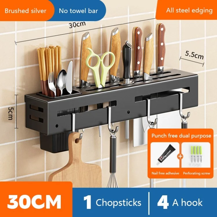 Kitchen Knife Holder Wall Mounted Stainless Steel Utensils Hooks Hanger Storage Organizer - Black / 30cm Length