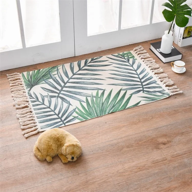 60x90cm Floor Mat Tassel Rug Living Room Bedroom Rectangular Doormat - Green Leaf