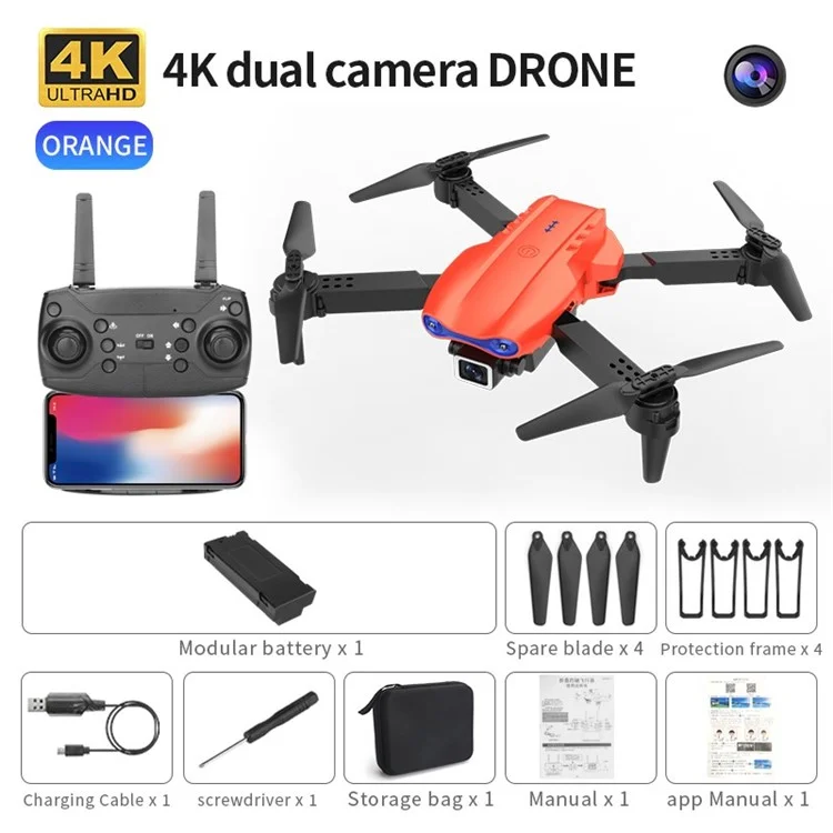 K3 Folding Drone HD 4k Dual-Camera Anti-Jamming Quadcopter Trajectory Flight Helicopter - Orange/One 4K Camera