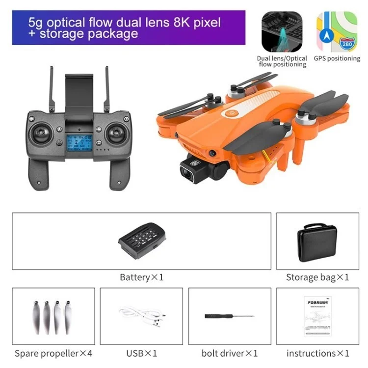 Drones Pliables Avec Caméra HD 4k / 8K - Orange / 1 Battery / 5g 8K Double Caméras