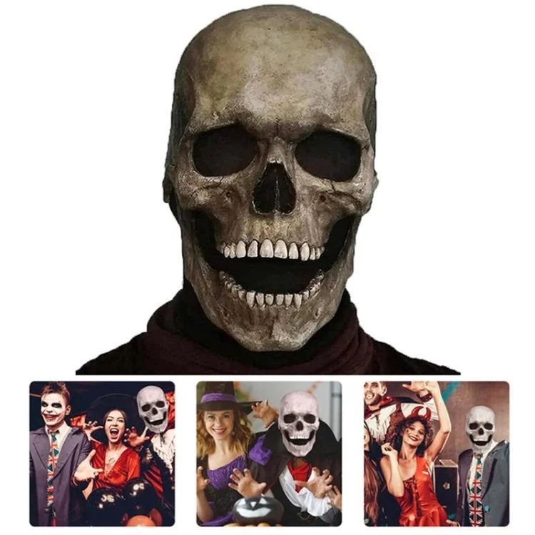 Skull Mask with Moving Jaw Headgear Scary Halloween Skeleton Creepy Head Cosplay Costumes Prop - Dark
