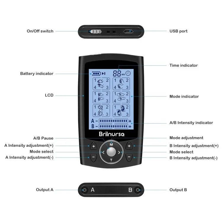 Brilnurse Meridian Dual Channel Tens Unidad EMS 24 Modos Estimulador Muscular 200mah Recargable Pulso Electrónico Masajeador Muscular - Negro