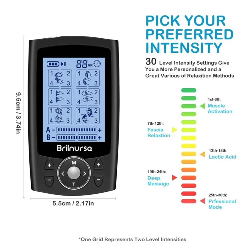 Brilnurse Meridian Dual Channel Tens Unidad EMS 24 Modos Estimulador Muscular 200mah Recargable Pulso Electrónico Masajeador Muscular - Negro