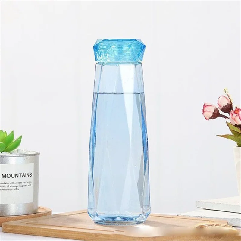 Glass Water Bottle Diamond-shaped Beverage Cup Bottle - Blue