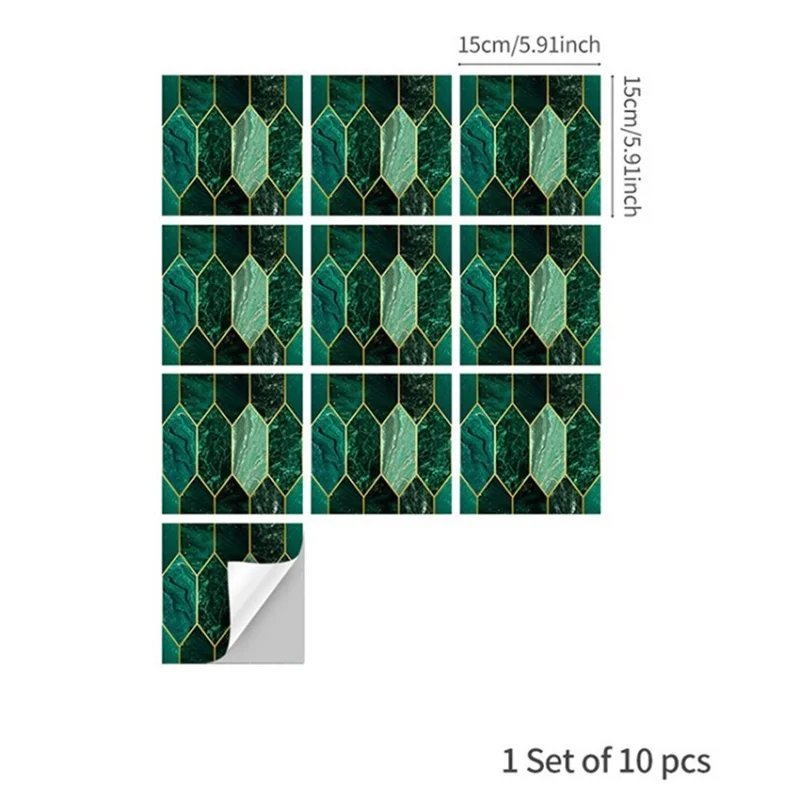 10pcs Green Tile Stickers Mur - 15 X 15cm