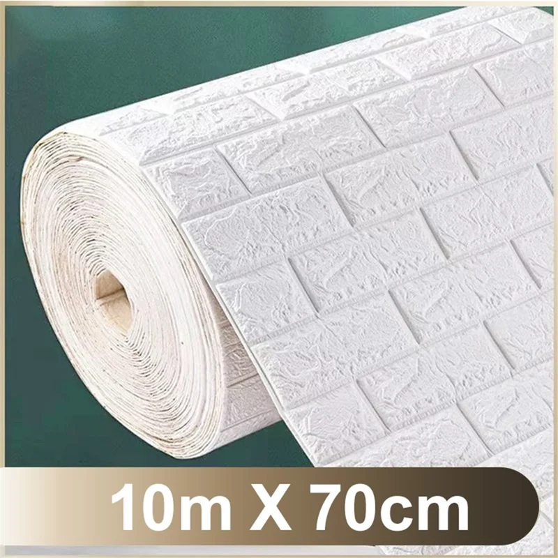 Papier peint motif brique 3D Autocollant mousse étanche à l'eau Décoratif pour la maison - Blanc / 10mx70cm