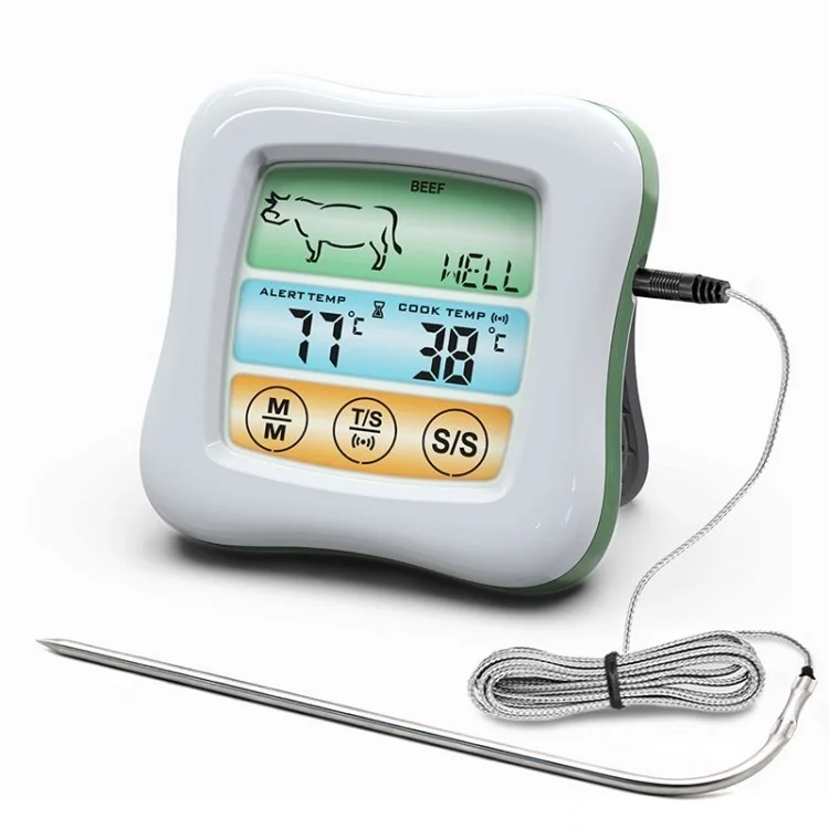 Digital Color Touch Screen Food Grill Thermometer with Timer for Kitchen (with Certification) - White+Green/Normal Probe