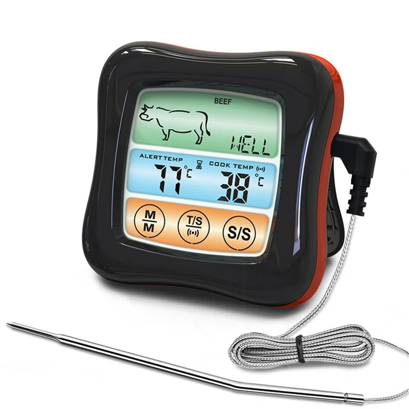 Digital Color Touch Screen Food Grill Thermometer with Timer for Kitchen (with Certification) - Black+Red/Waterproof Probe