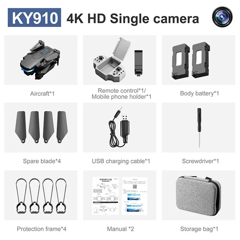 KY910 Mini Foldable RC Drone Zoom Helicopter Quadcopter with Remote Control - Black/4K Camera/2 Batteries