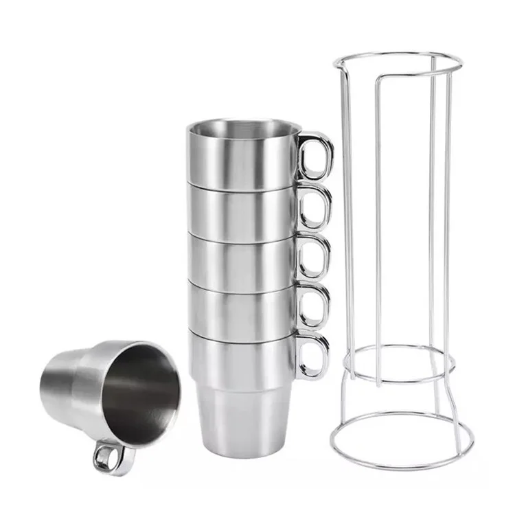 Conjunto de 6 Xícaras de Café em Aço Inoxidável com Alças de Plástico e Suporte Térmico Resistente a Queimaduras (Sem Certificação FDA)