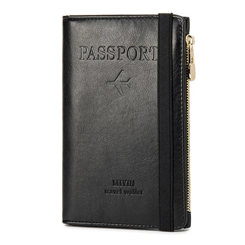 PU Leather RFID Blocking Credit Card Holder Travel Passport Zipper Wallet Case with Elastic Band - Black
