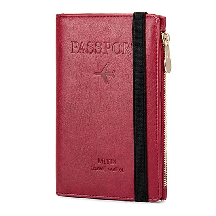 pu Cuero RFID Bloqueo de Tarjetas de Crédito Pasaporte de Viaje Passport Case de la Cremallera Con Banda Elástica - Vino Rojo