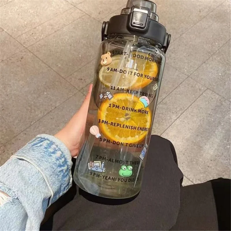 2L Leakproof Water Bottle Motivational Fitness Outdoor Water Jugs with Time Marker and Straw (BPA-Free, NO FDA Certification) - Black