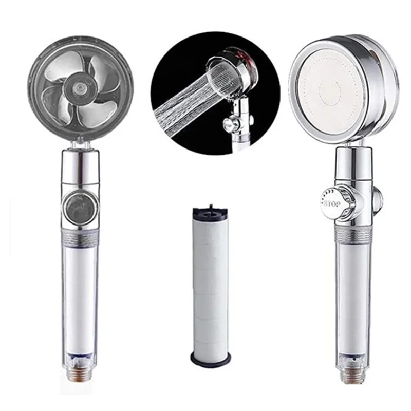 High Pressure Propeller Shower Head 360 Degree Rotation Water Saver Bathroom Shower Nozzle - Silver