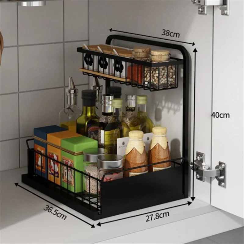 2-Tier Retractable Kitchen Spice Organizer Cabinet Pull Out Spice Rack Shelf for Shelf Spice Herbs Teas - Black
