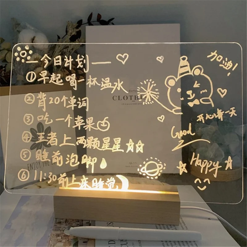 Acrylic Desktop Note White Notepad Erase Board with LED Light Deskboard - 3 Lighting Colors