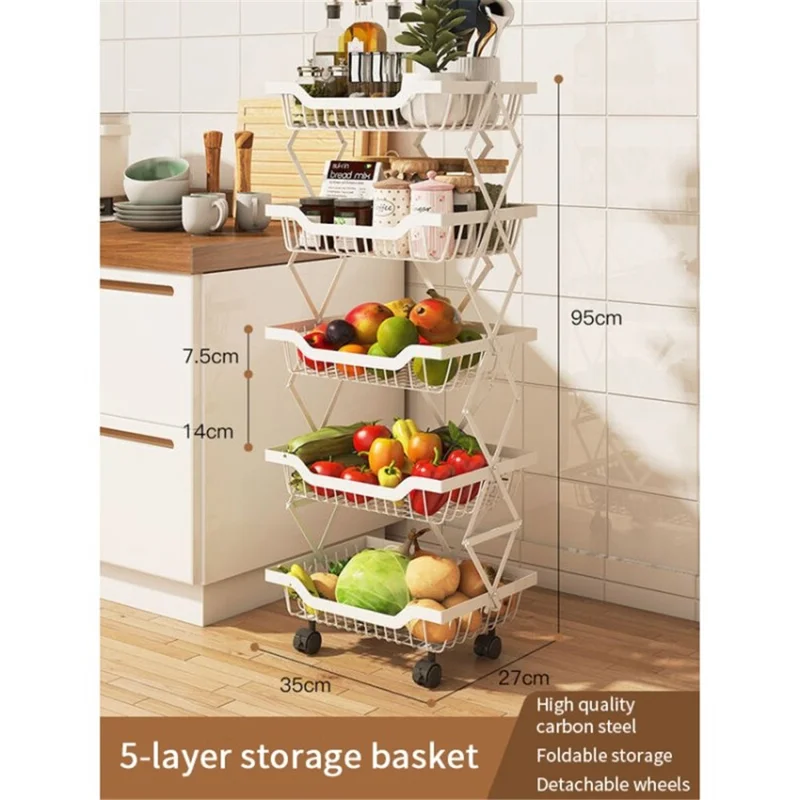 Folding Rotatable Fruit Vegetable Storage Basket Rack with Casters for Kitchen Pantry Bathroom - White//5-tier