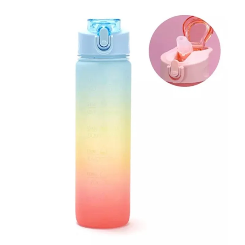 1000ml Large-capacity Leakproof Fitness Drinking Water Bottle with Time Marker (without Certification / BPA Free) - Pink/Straw