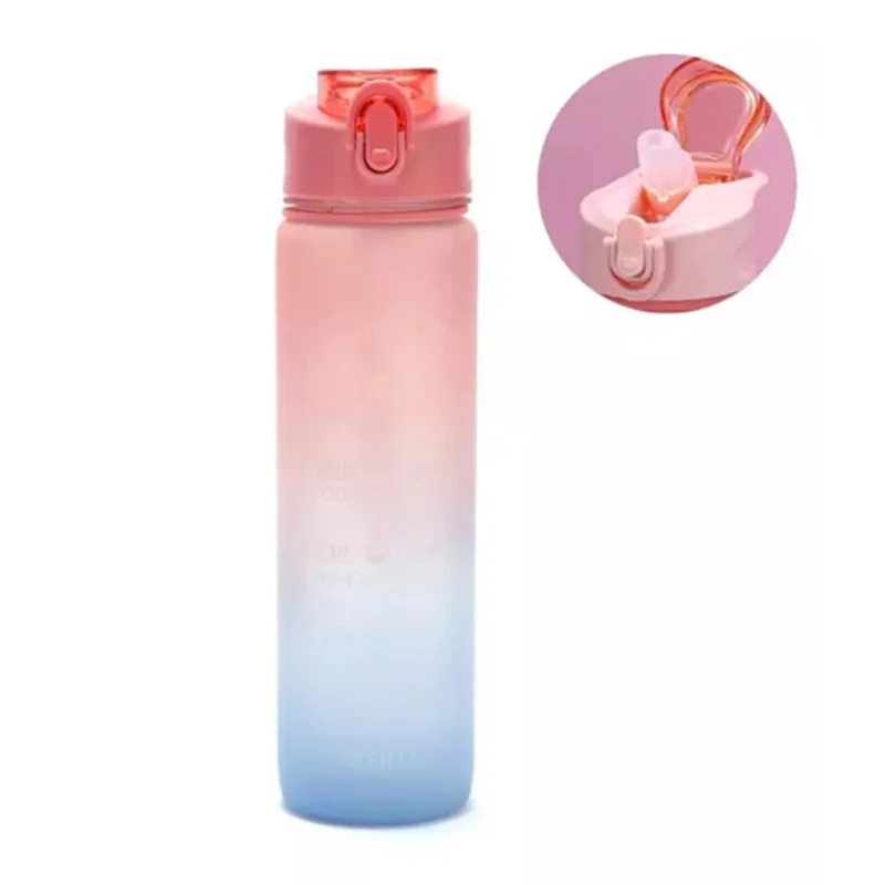 1000ml Large-capacity Leakproof Fitness Drinking Water Bottle with Time Marker (without Certification / BPA Free) - Blue/Straw