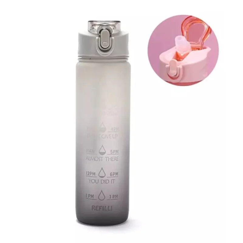 1000ml Large-capacity Leakproof Fitness Drinking Water Bottle with Time Marker (without Certification / BPA Free) - Grey/Straw