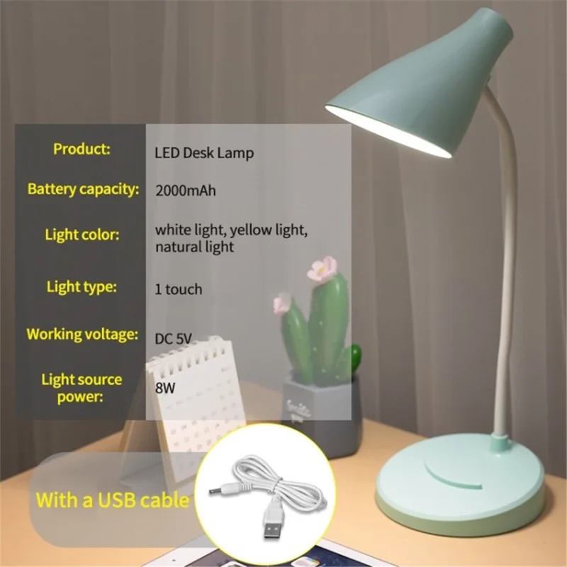 Adjustable 3 Light Colors LED Desk Lamp Eye-Caring Table Light - Green