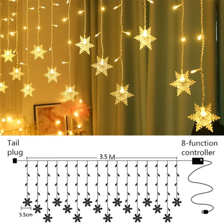 LED Christmas Light Snowflake String Light 8 Modes LED Fairy Night Light Perfect for Christmas Wedding Party - Warm White/EU Plug