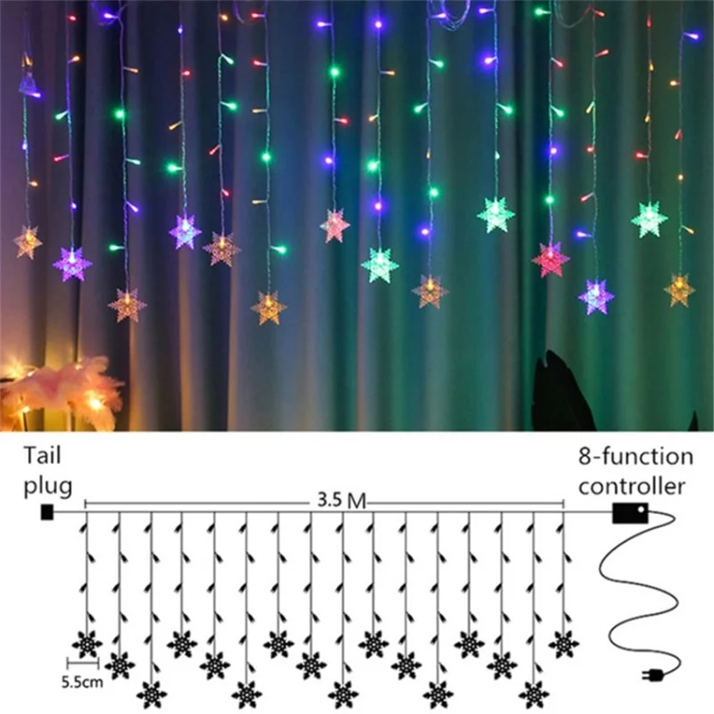 LED Christmas Light Snowflake String Light 8 Modes LED Fairy Night Light Perfect for Christmas Wedding Party - Multi-color/EU Plug