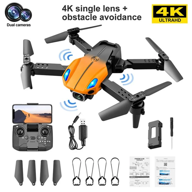 KY907 Mini Drone 4K HD Camera Dual Lens Obstacle Sensing 15 Mins Flight Time Quadcopter Aircraft - Orange/4K Camera