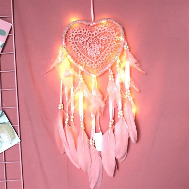 MS0077ACD Wall Hanging Piece LED Light Ornament Love Heart Dream Catcher Christmas Decor - Light Pink/with Lights