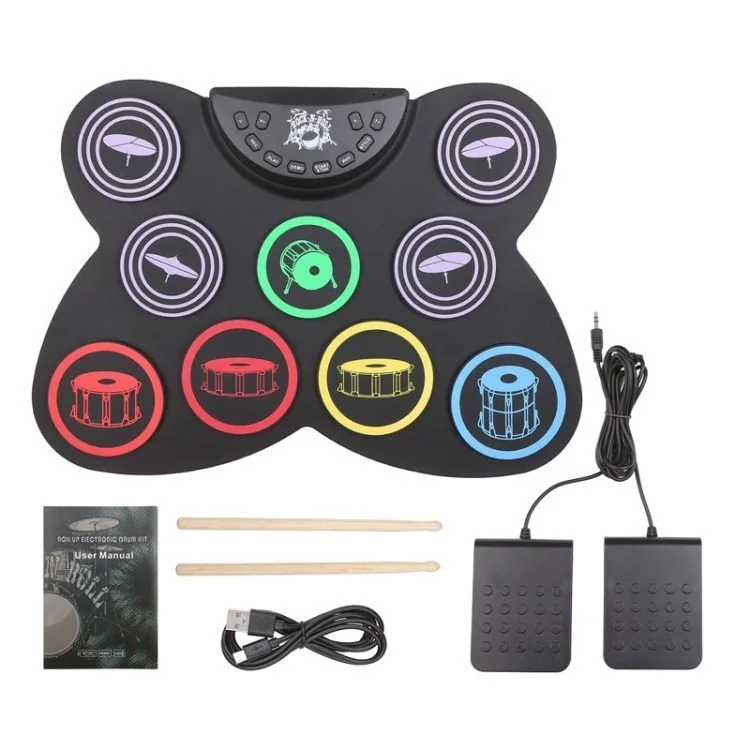 G768 Electronic Drum Set Roll Up Drum Practice Pad Midi Drum Kit with Headphone Jack Drum Pedals Sticks - Colorful