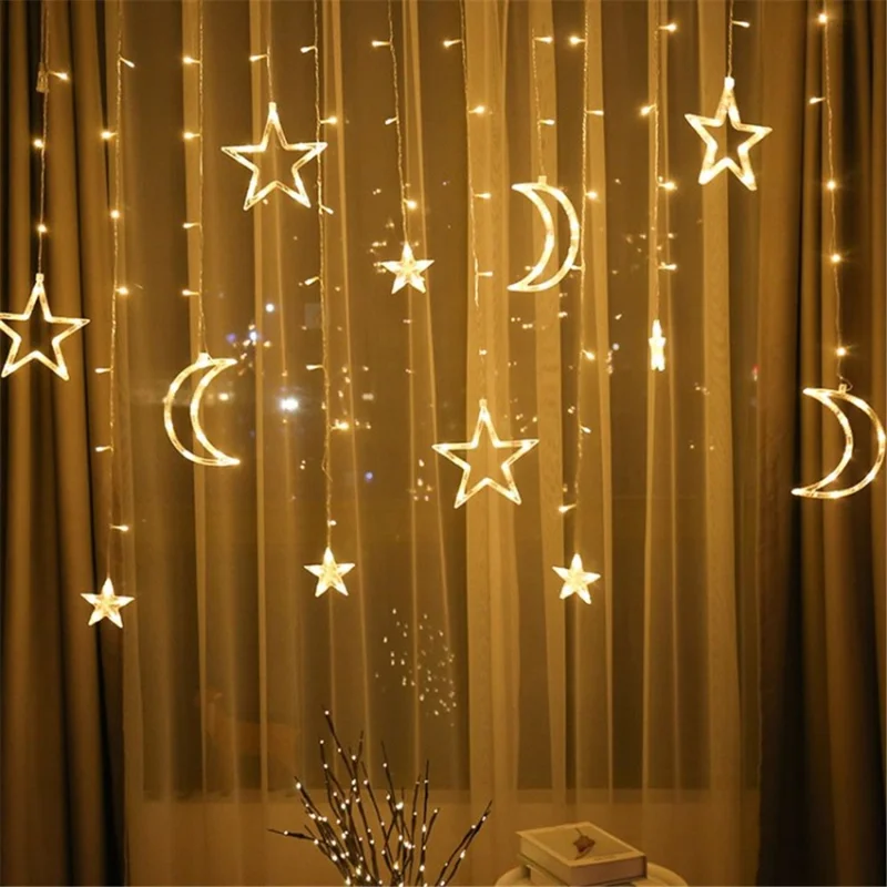 Moon Star Curtain Light String Stylish Durable Holiday Wedding Party Decor - Warm White/EU Plug
