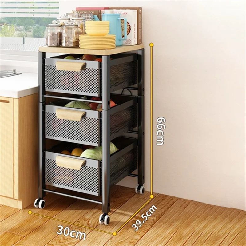 Kitchen Vegetable Storage Rack with Drawers Slim Gap Organizer Drainable Shelf for Fruits - Black / 4 Layers