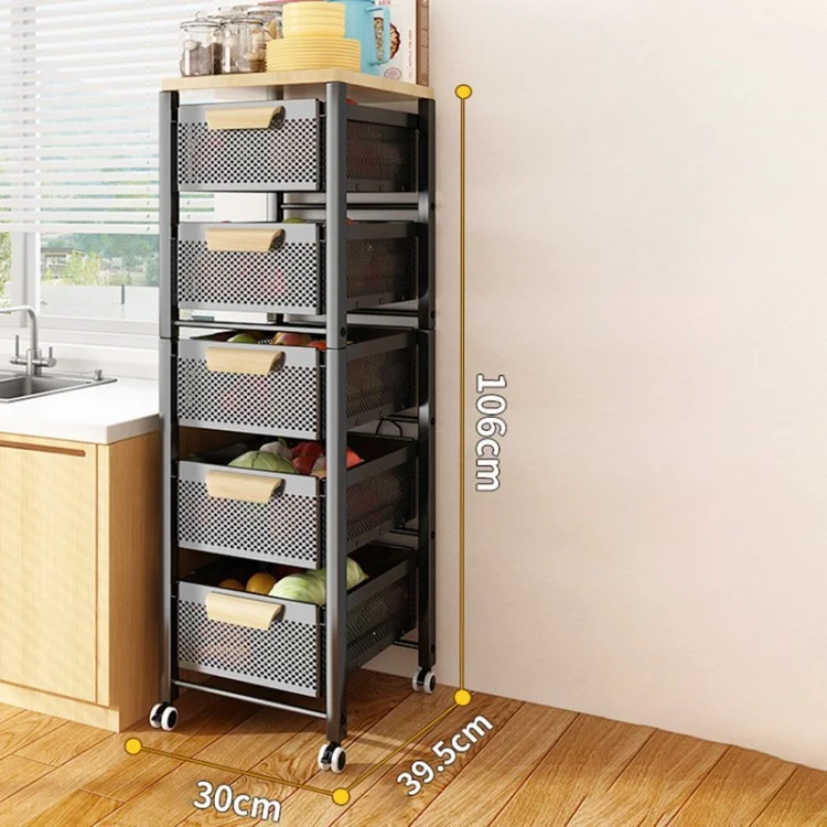 Kitchen Vegetable Storage Rack with Drawers Slim Gap Organizer Drainable Shelf for Fruits - Black / 6 Layers