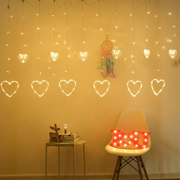 Valentine Day Love Curtain Light String Heart-shaped Lamp Wedding Party Decor - Warm White Light/EU Plug