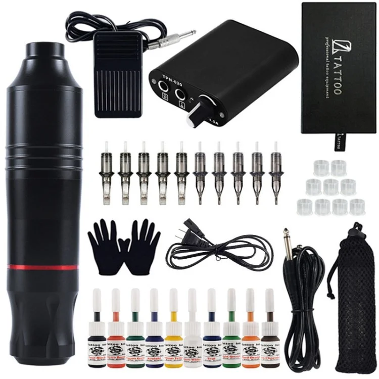 Low Noise Operation DIY Tattoo Machine Kit with 10 Color Inks Tattoo Pen Set - Black / EU Plug
