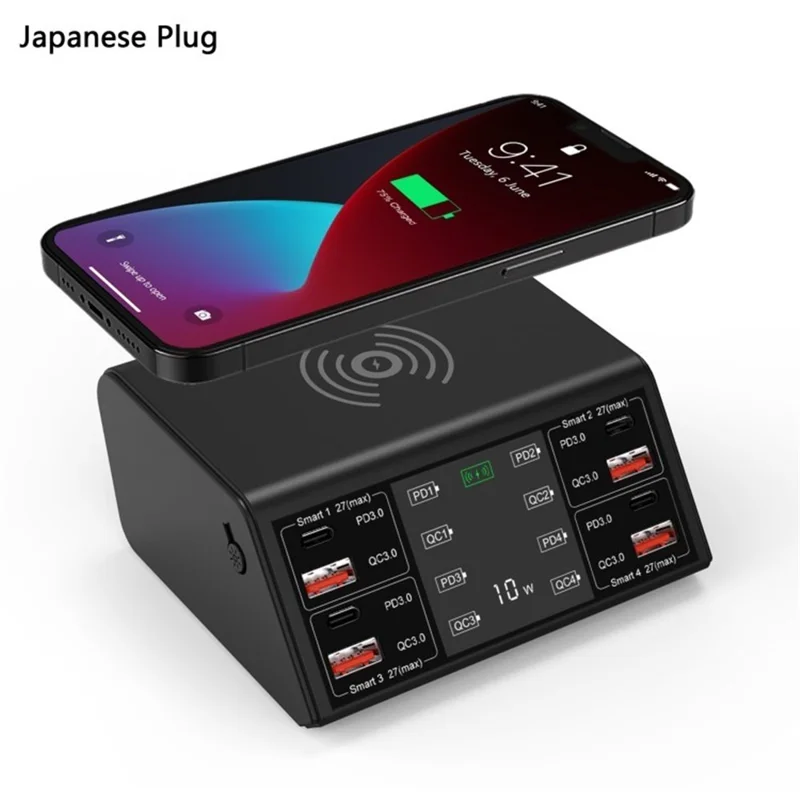 10W Wireless Telephone Charger QC 3.0 PD USB Fast Charger Multi Puertos USB Estación de Carga Rápida - Black // Enchufe Japonés