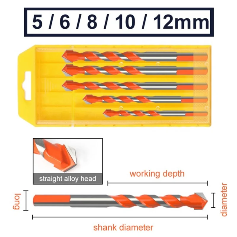 5Pcs Triangle Diamond Drill Bits Concrete Drill Bit Set for Tile Brick Glass Plastic Wood Stone - 5mm 6mm 8mm 10mm 12mm