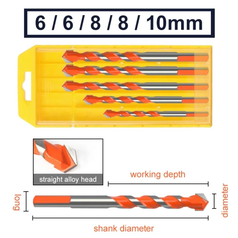 5 szt. trójkątne wiertła diamentowe, zestaw wiertł do betonu, płytek, cegły, szkła, plastiku, drewna, kamienia - 6 mm, 6 mm, 8 mm, 8 mm, 10 mm
