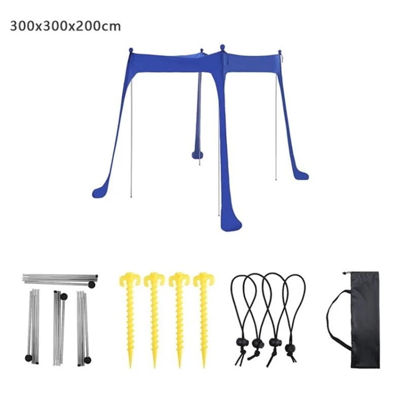 Beach Tent Canopy Anti-UV Outdoor Canopy Sun Shade Pop Up Beach Shelter with 4 Poles and Sandbag Anchors - Sapphire/300x300x200cm