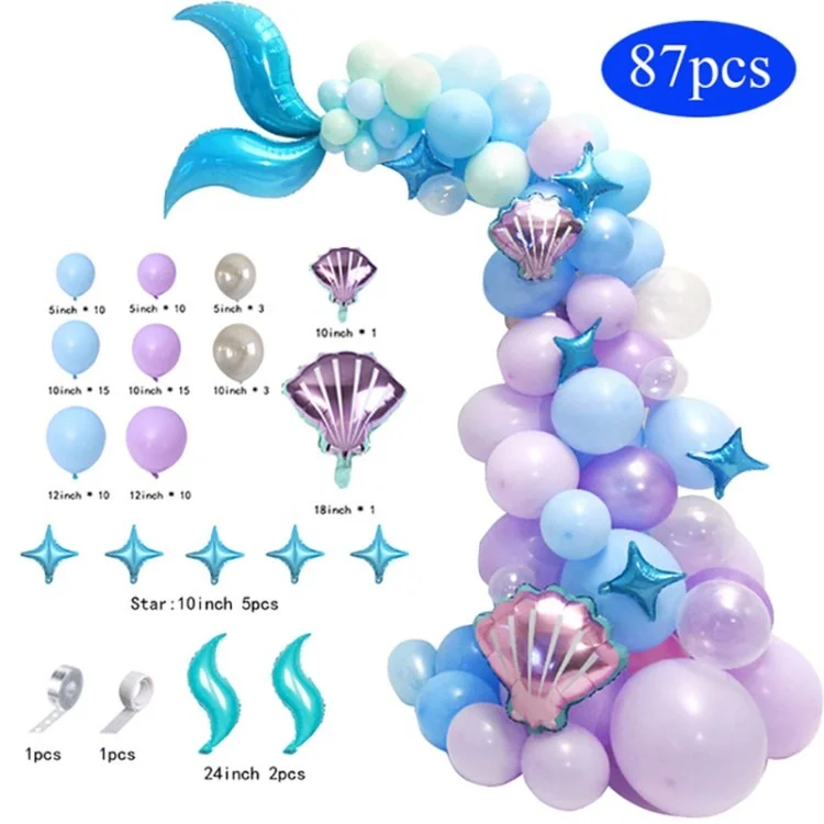 87pcs / Set Sirène Ballon Garland Kit Sirène Queue Arc De Fête Pour Les Enfants Décoration De Fête D'anniversaire De Douche De Bébé