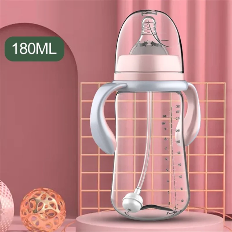Anti-fall Feeding Bottle with Handles Wide Neck Baby Bottles (No FDA, BPA-Free) - Pink/180ml