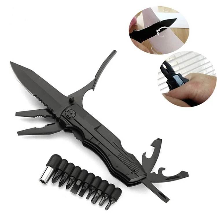 10 in 1 Multi-function Outdoor Tool Set Camping Knife Pliers Can Bottle Opener with 10 Bits