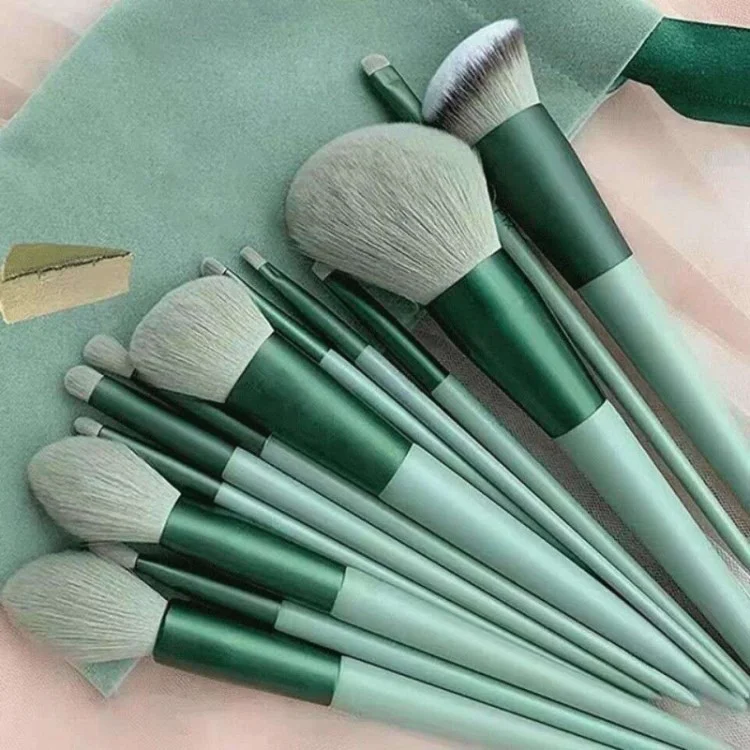 13Pcs Makeup Brush Set Premium Bristles Powder Foundation Blush Contour Concealers Eyeshadow Brushes Kit - Green