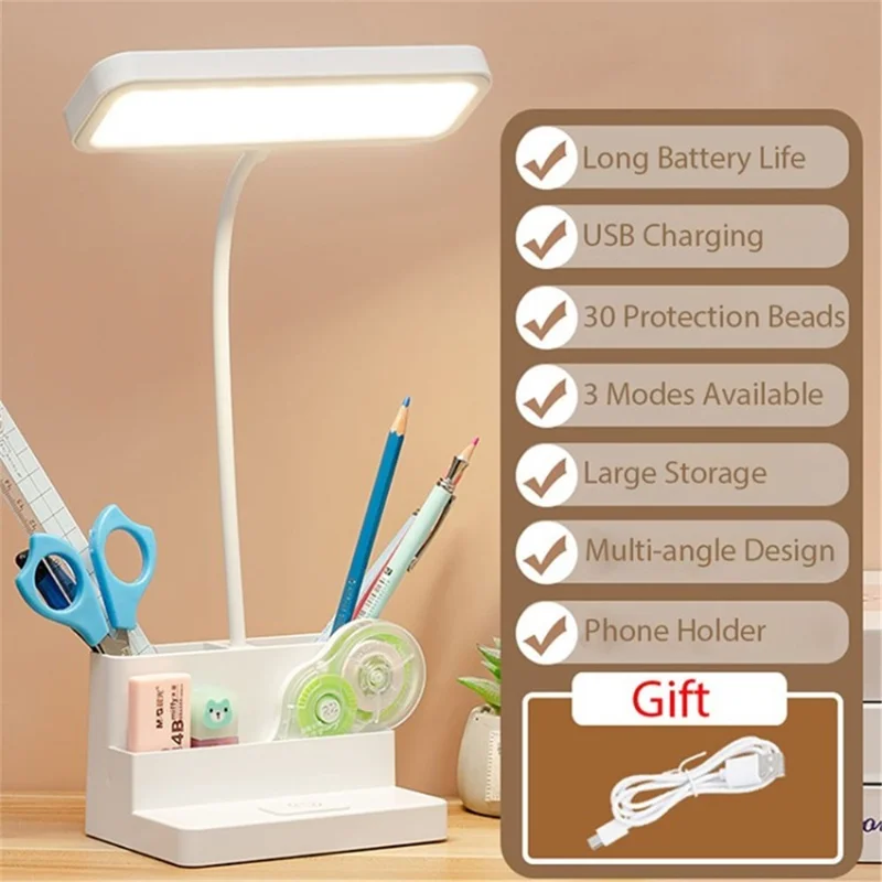 Children Table Lamp Pen Phone Holder Eye Protection Student Desk Reading Lamp - White