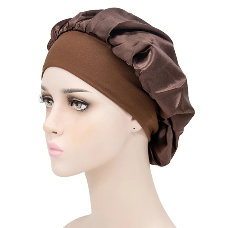 Breathable Head Wrap Satin Night Cap Women Hair Protection Hat Beanie Cap - Brown