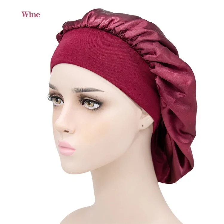 Breathable Head Wrap Satin Night Cap Women Hair Protection Hat Beanie Cap - Wine Red