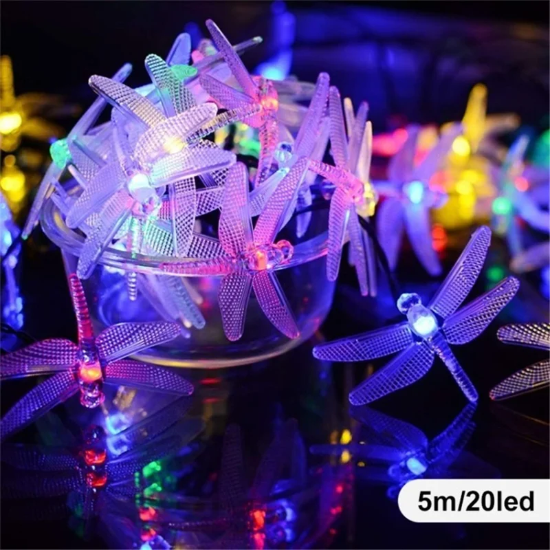 Dragonfly Solar String Lights Waterproof Fairy Lights Gift for Patio Homes Gardens - Blue / 5m 20 Lights / 8 Modes